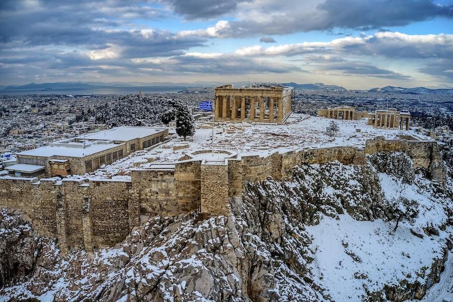 The Acropolis under the snow—early February 2021
