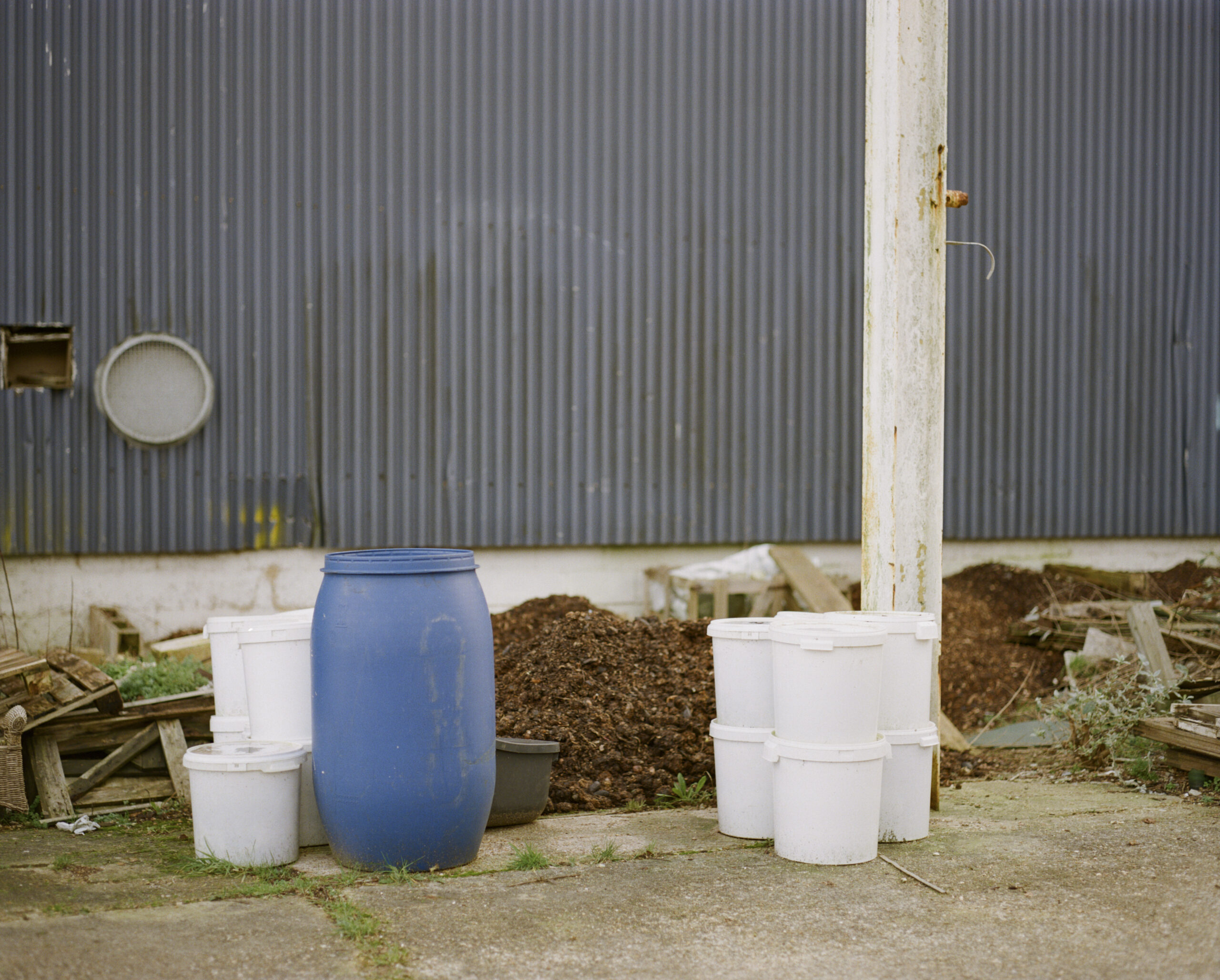 In front of the wall of a shed are piles of compost. In front of the compost are white buckets that Michael uses to collect food waste.