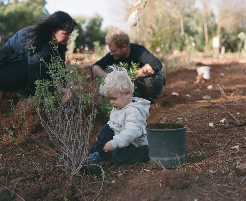 A child planting trees with his parents in the background.