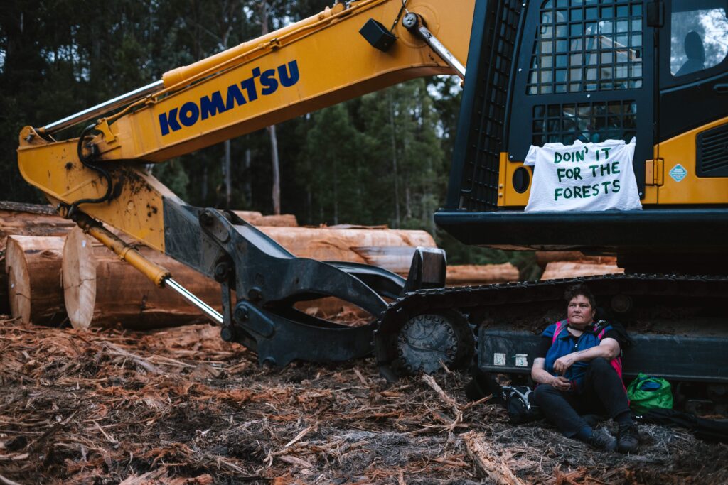 Dr Colette Harmsen sits by a tractor, in protest, in a logging coupe in the Styx Valley.